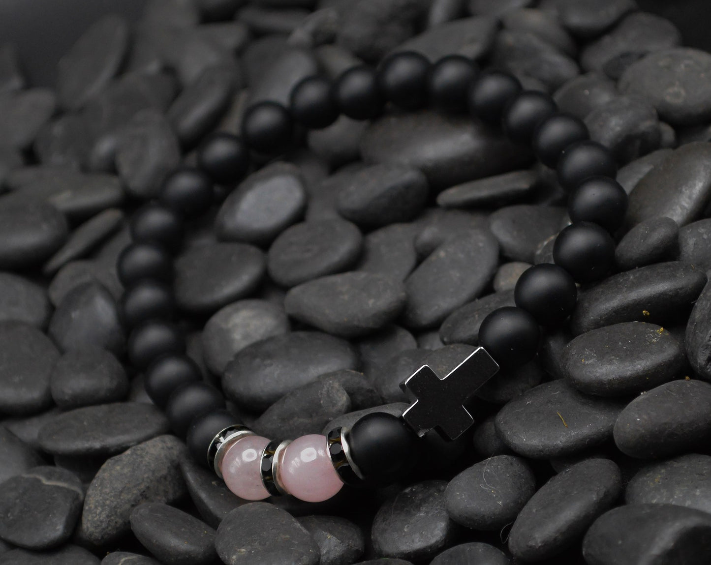 Bracelet-Eden Merry-Black Bead/Rose Quartz-Cross