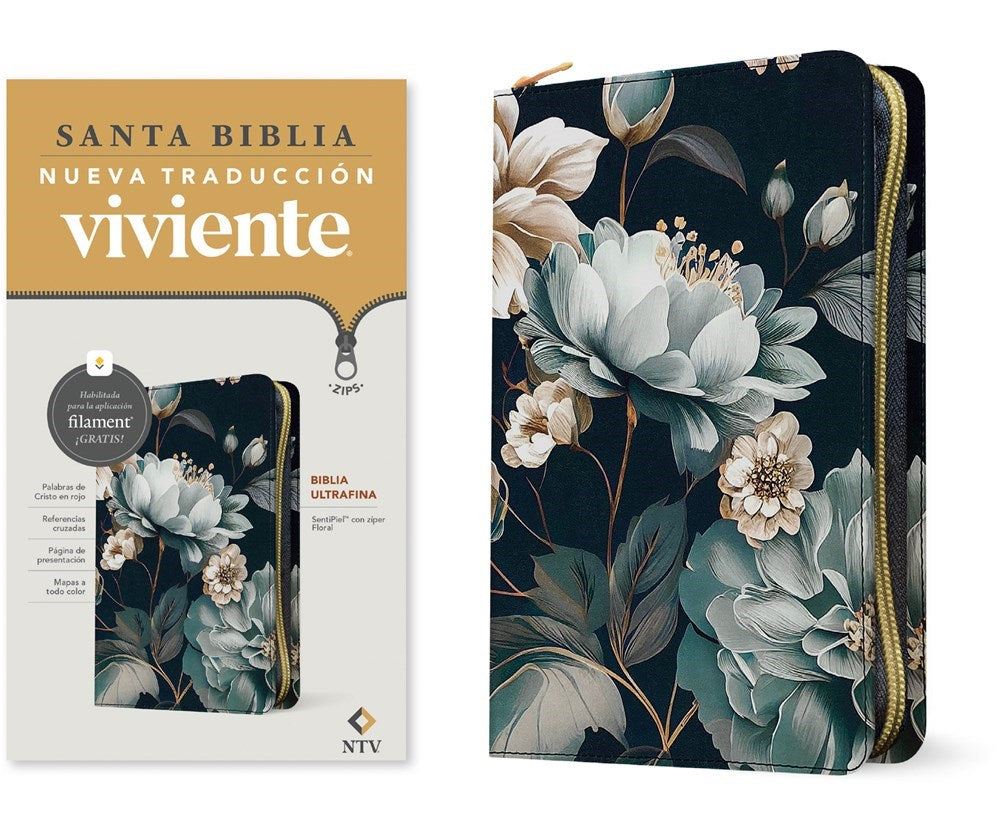 NTV Biblia Ultrafina de Ziper con Filament (NLT Thinline Zipper Bible Filament Enabled)-Floral LeatherLike