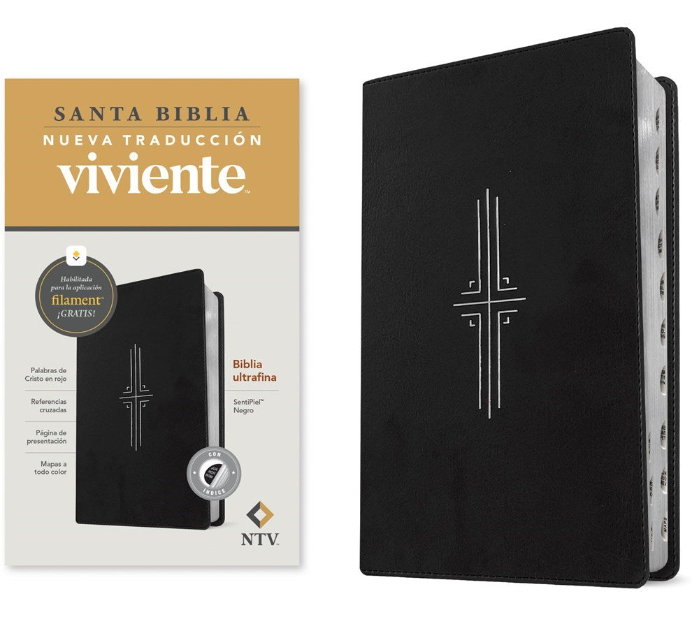NTV Biblia Ultrafina con Filament (NLT Thinline Bible Filament-Enabled)-Black LeatherLike Indexed