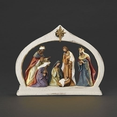 Figurine-Nativity In Lighted Arch-Traditional Colors (10"H)