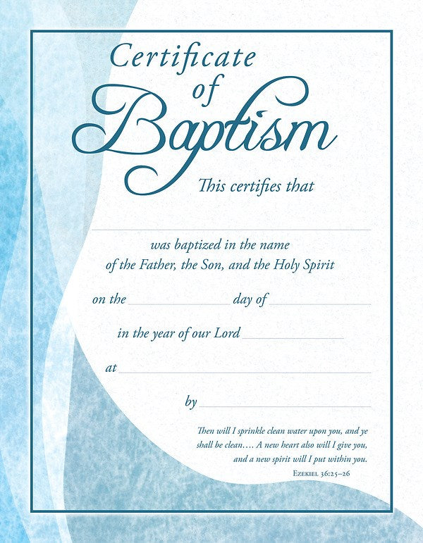 Certificate-Certificate Of Baptism (Premium Stock Blue Foil Embossed) (Ezekiel 36:25-26) (Pack Of 6)
