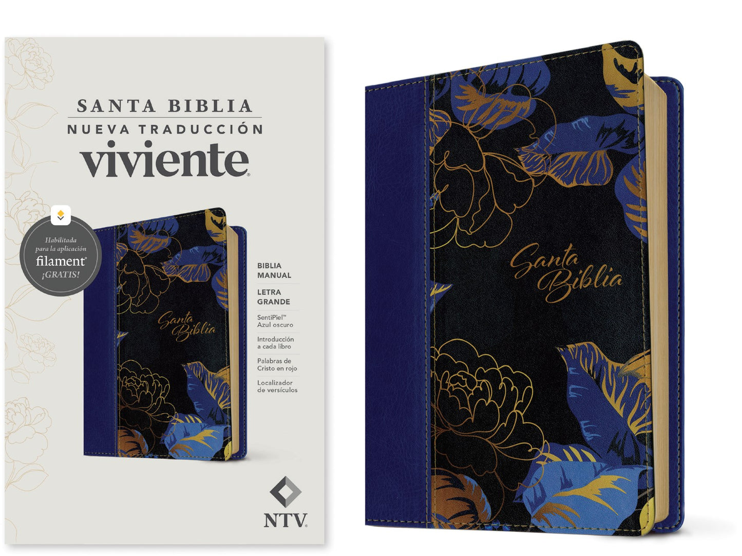 NTV Biblia Manual Letra Grande con Filament (NLT Handy Size Large Print Filament-Enabled)-Dark Blue LeatherLike