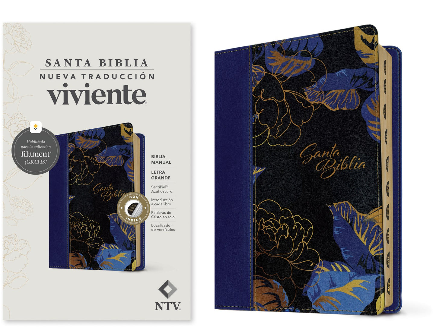 NTV Biblia Manual Letra Grande con Filament (NLT Handy Size Large Print Filament-Enabled)-Dark Blue LeatherLike Indexed