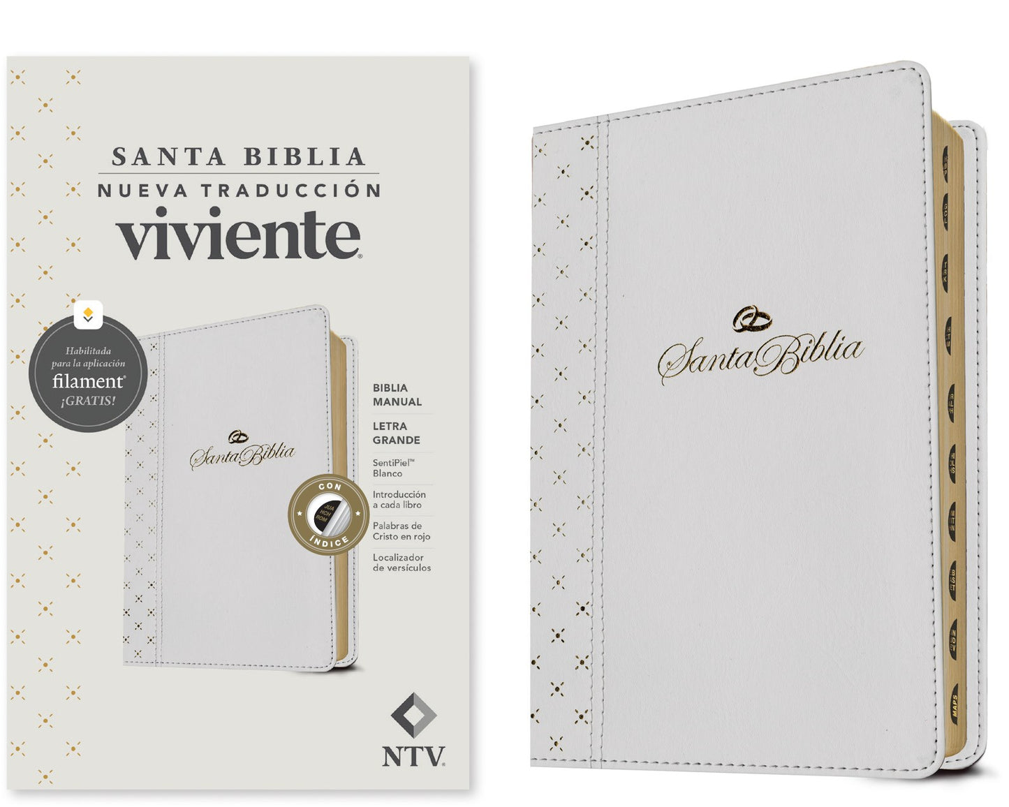 NTV Biblia Manual Letra Grande con Filament (NLT Handy Size Large Print Filament-Enabled)-White LeatherLike Indexed