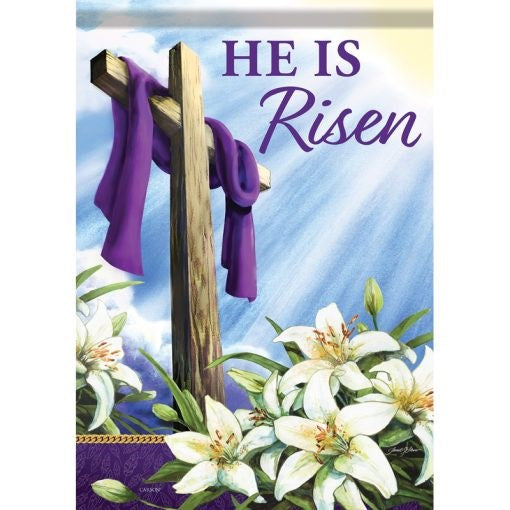 Flag-Garden-Dura Soft-He Is Risen Cross (12.5" x 18")