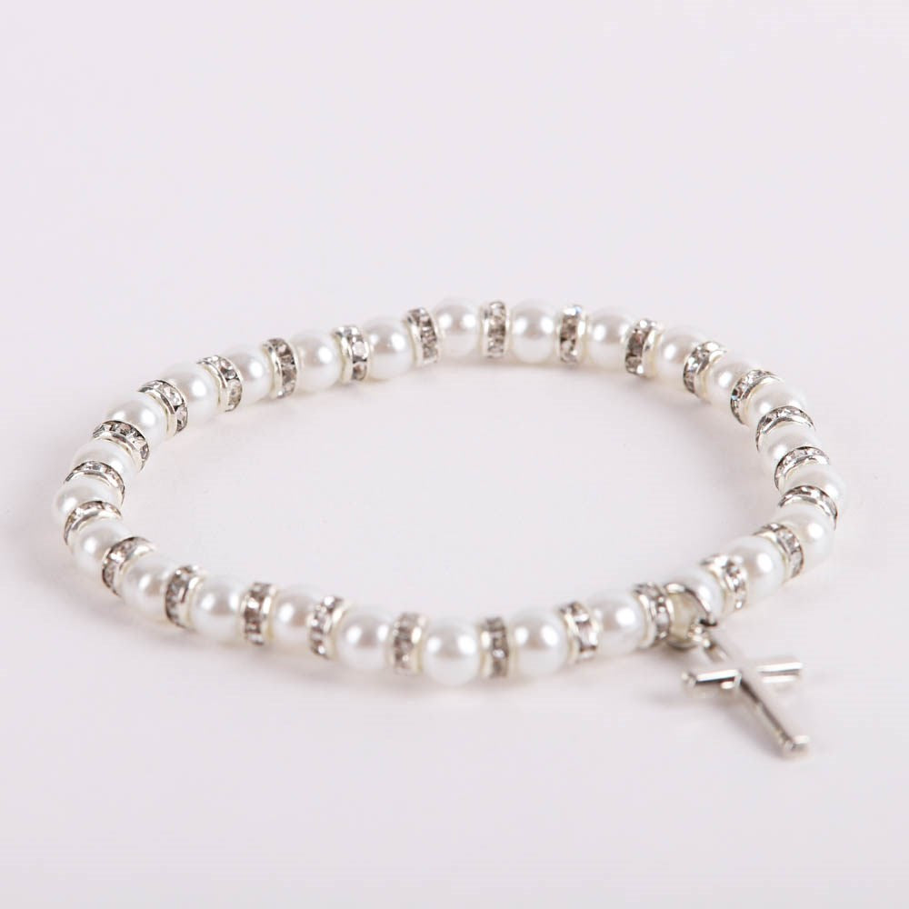 Bracelet-Pearls & Crystals With Cross Charm-Elastic (5")
