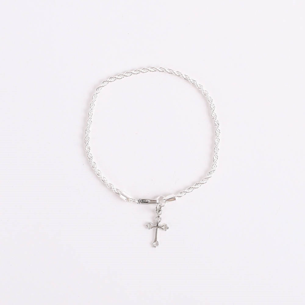 Bracelet-Twisted Rope With Cross Charm-Rhodium (7.25")