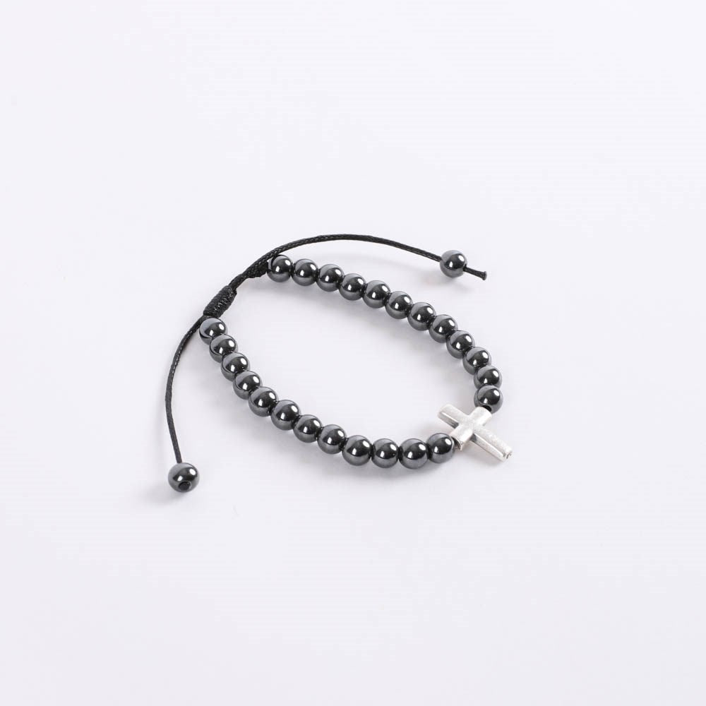 Bracelet-Beaded Hematite w/Cross Charm-Adjustable
