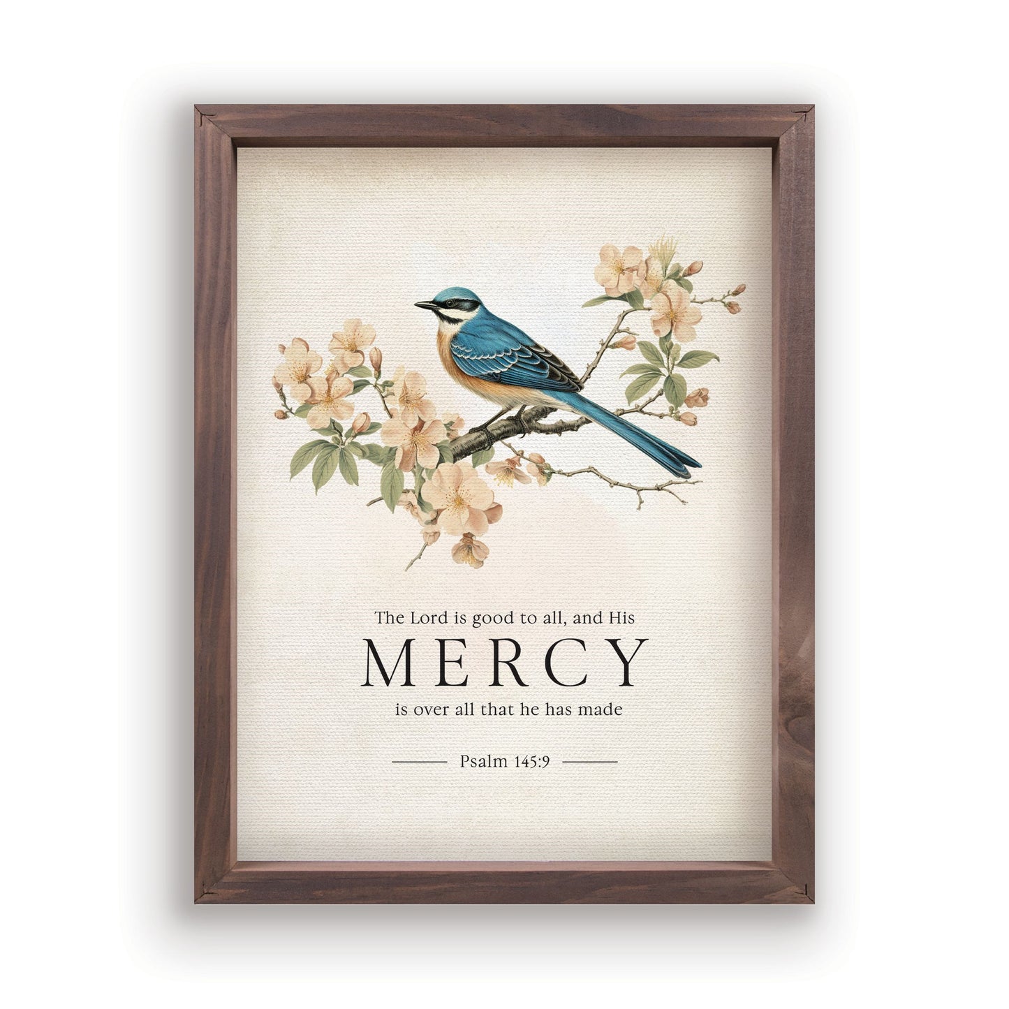 Framed Linen-Bird/Mercy-Psalm 145:9 (12 3/4 x 16 3/4)