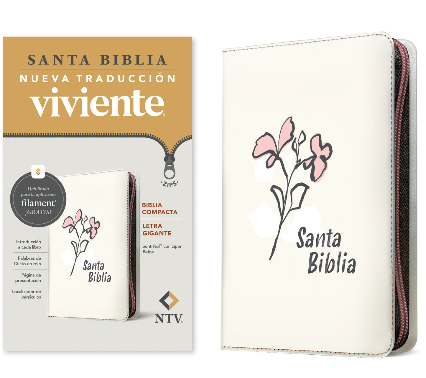 NTV Biblia Compacta Letra Gigante de Ziper con Filament (Compact Giant Print Zipper w/Filament)-Beige LeatherLike