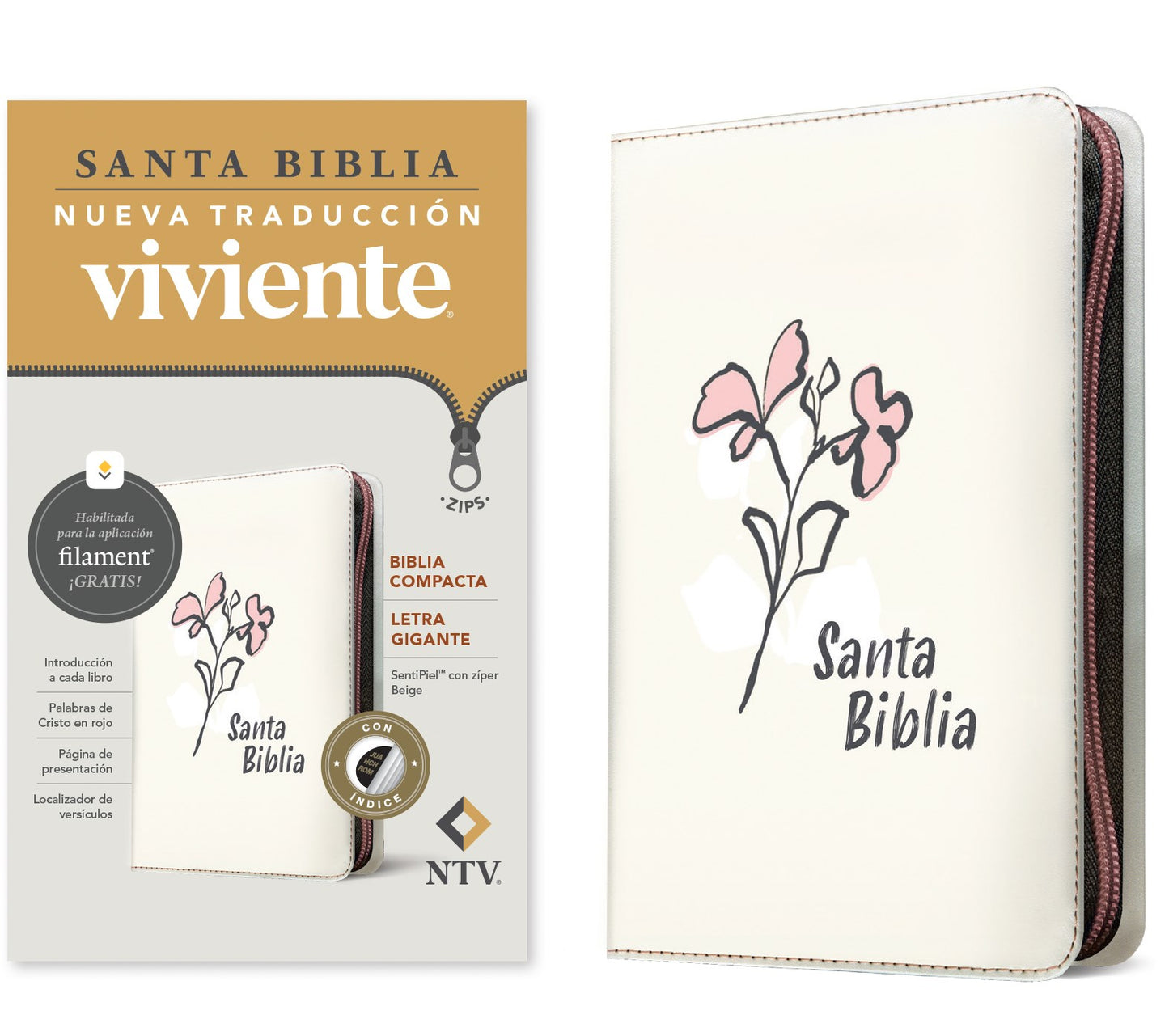 NTV Biblia Compacta Letra Gigante de Ziper con Filament (Compact Giant Print Zipper w/Filament)-Beige LeatherLike Index
