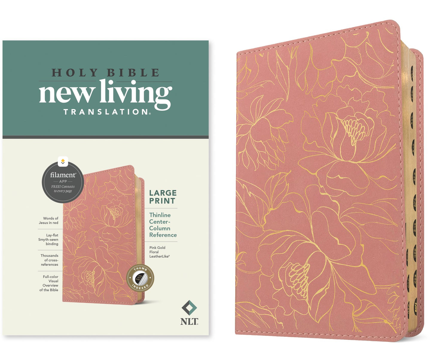 NLT Large Print Thinline Center-Column Reference Bible Filament Enabled-Pink Gold Floral LeatherLike Indexed