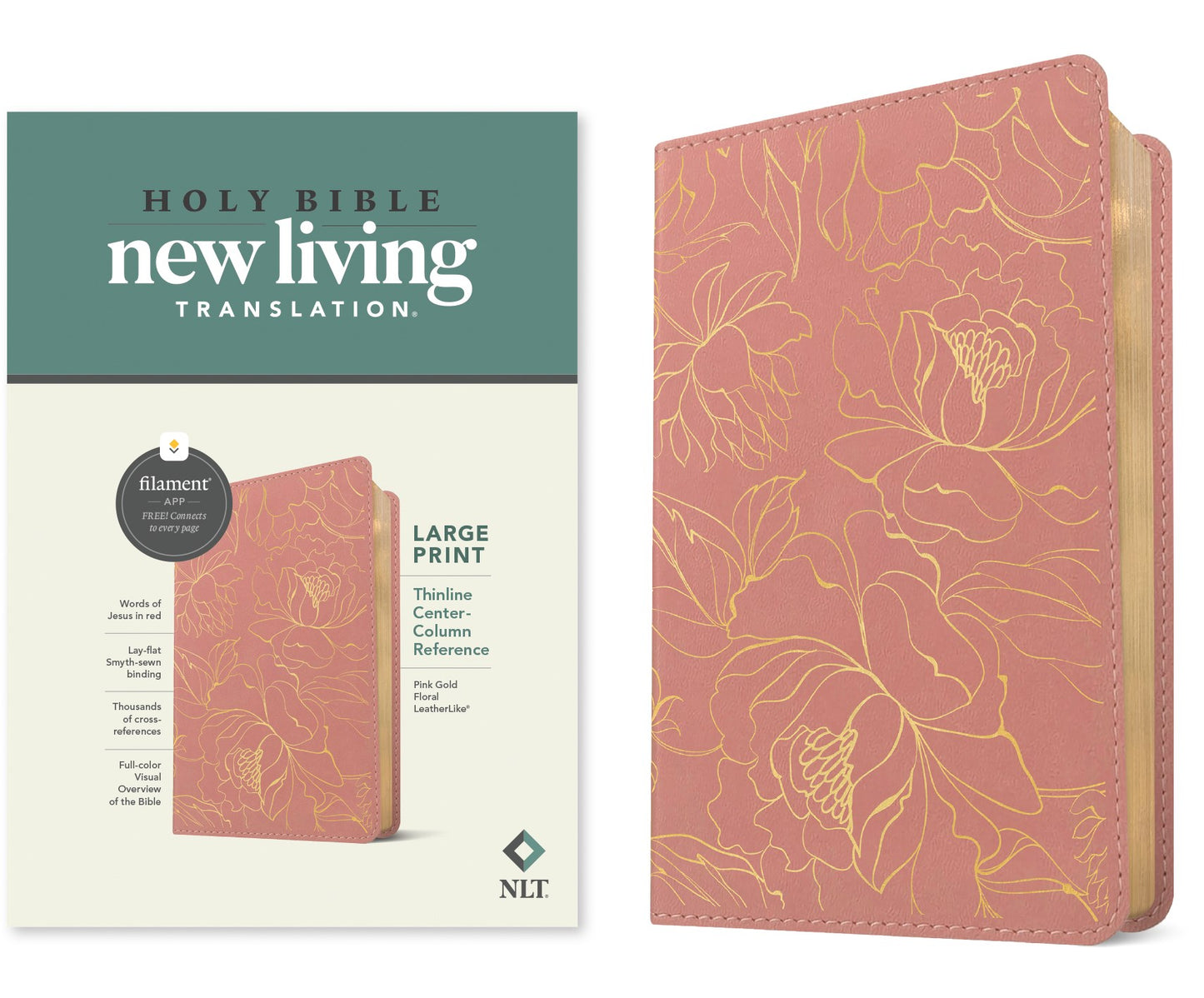 NLT Large Print Thinline Center-Column Reference Bible Filament Enabled-Pink Gold Floral LeatherLike