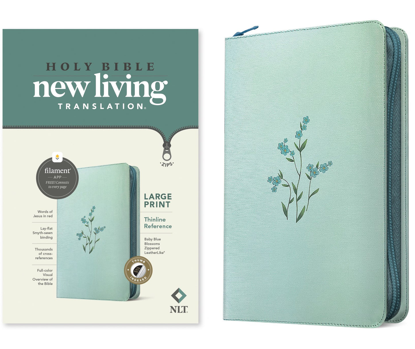 NLT Large Print Thinline Reference Zipper Bible Filament Enabled-Baby Blue Blossoms LeatherLike Indexed