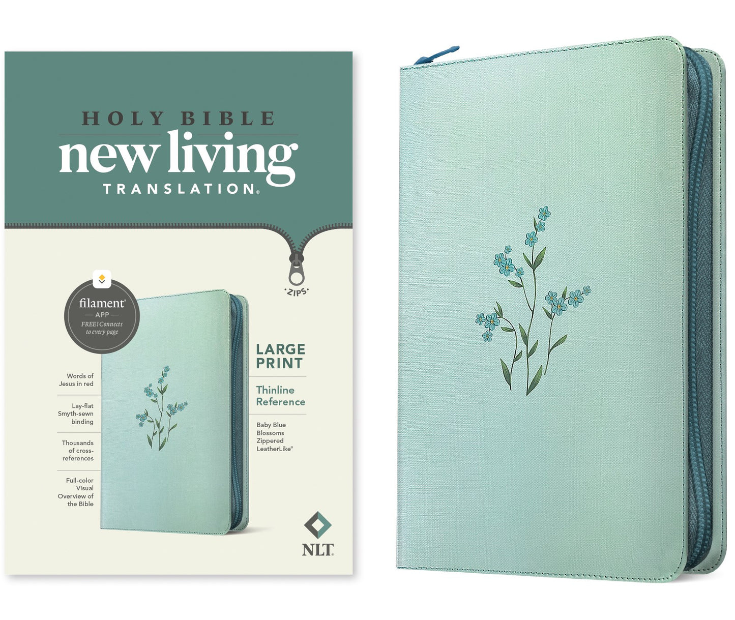 NLT Large Print Thinline Reference Zipper Bible Filament Enabled-Baby Blue Blossoms LeatherLike