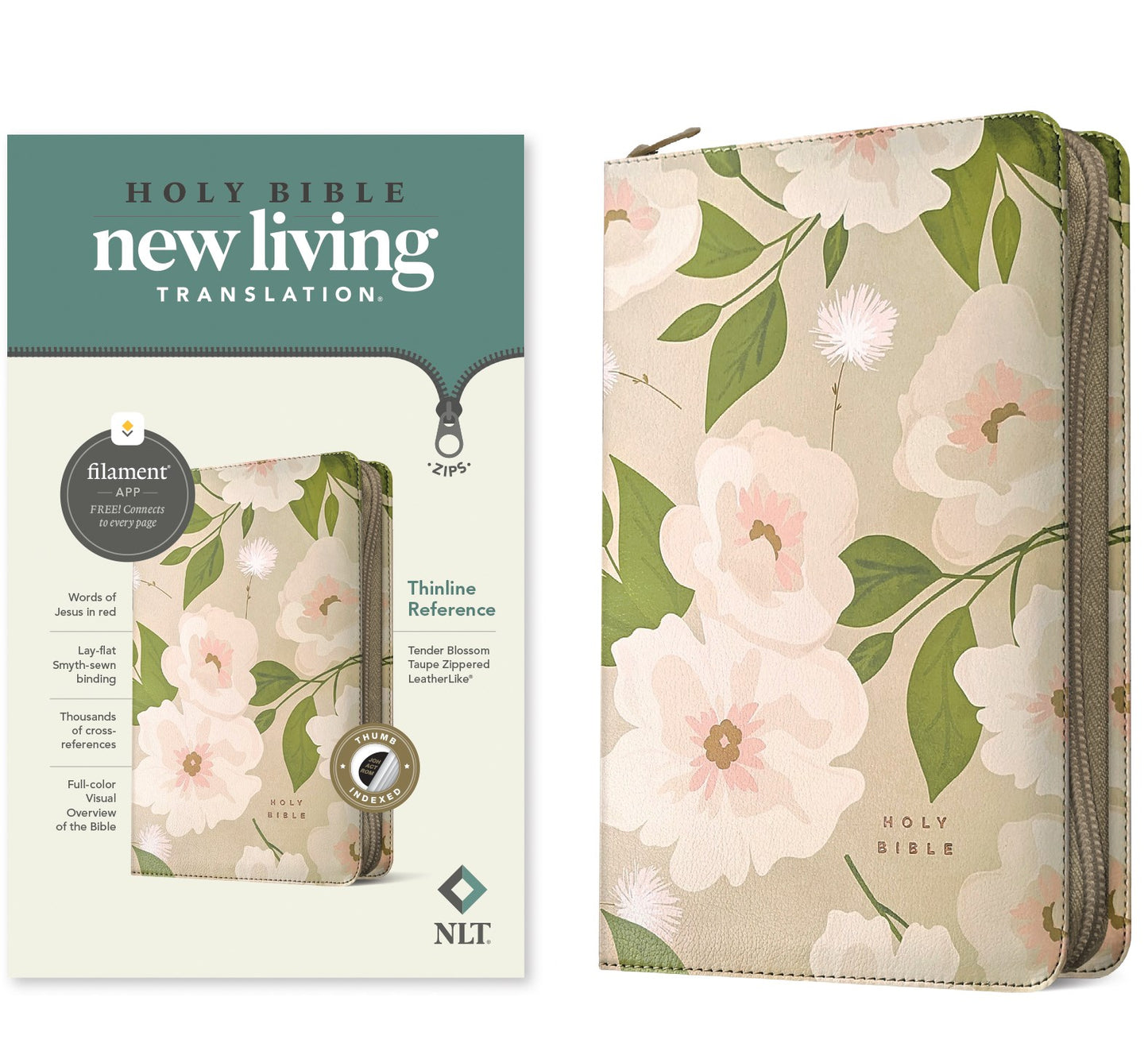 NLT Thinline Reference Zipper Bible Filament Enabled-Taupe Tender Blossom LeatherLike Indexed