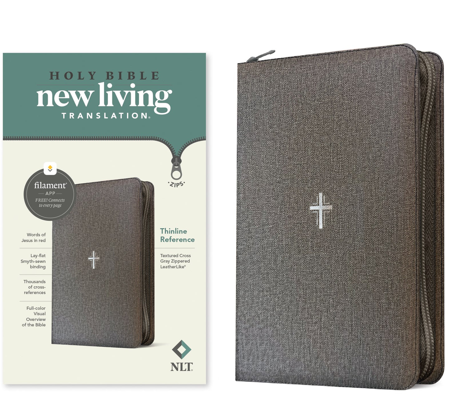 NLT Thinline Reference Zipper Bible Filament Enabled-Gray Textured Cross LeatherLike