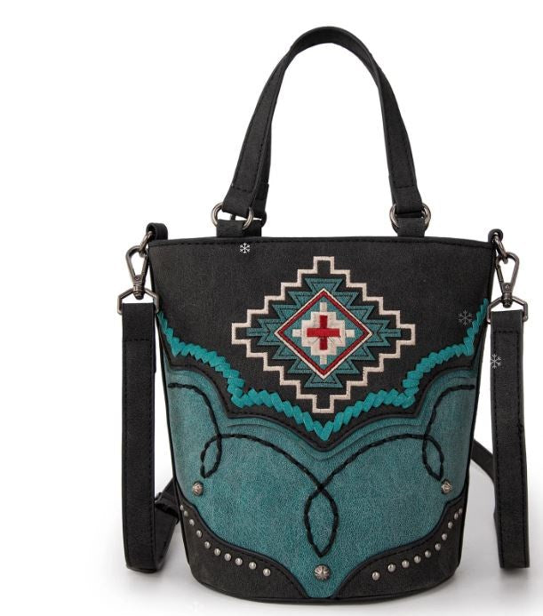 Bucket Tote/Crossbody Bag-Aztec Cross-Black