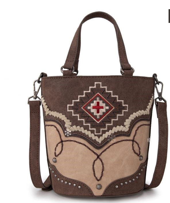 Bucket Tote/Crossbody Bag-Aztec Cross-Coffee