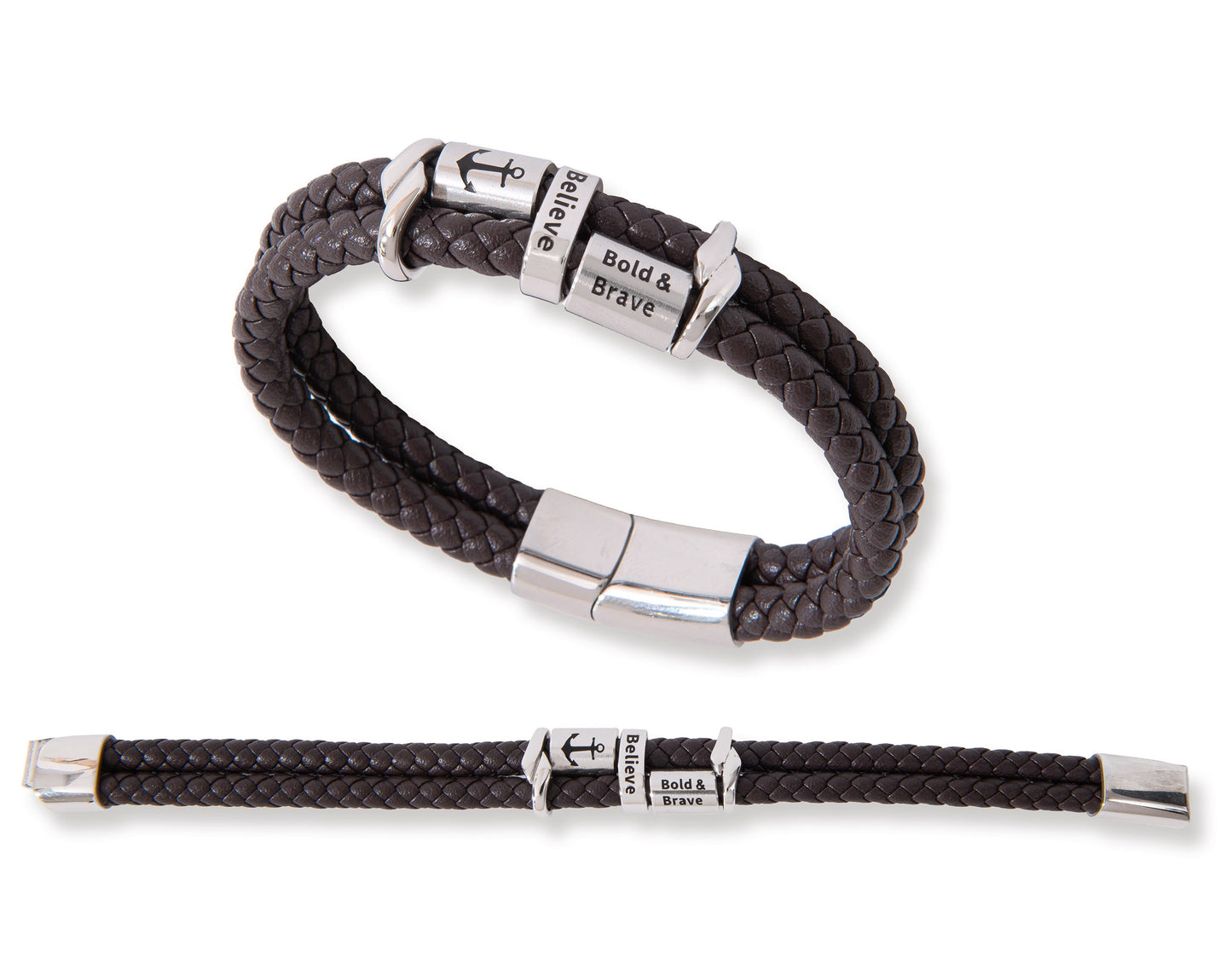 Bracelet-Bold & Brave/Believe-Stainless Steel & Leather (#9827)