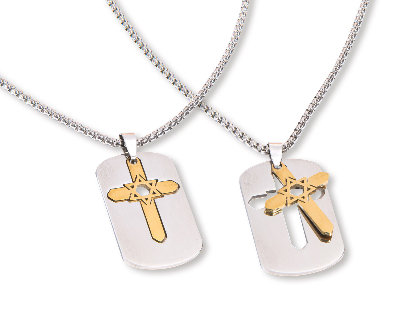 Necklace-Gold-Tone Cross & Sterling Siver Star Of David Dog Tag-Stainless Steel (#95106)