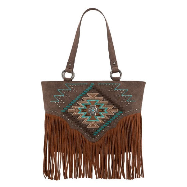 Tote-Aztec Cross W/ Fringe (Concealed Carry)-Coffee