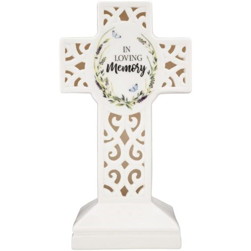 Pedestal Cross-In Loving Memory-Porcelain (9.25" x 5" x 4") (#15714)