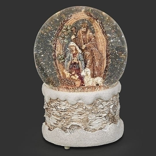 Glitterdome-Lighted Swirl Holy Family In Wood Log (7")