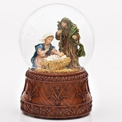 Musical Glitterdome-Holy Family On Carved Wood Base (Tune: O Holy Night) (6.75"H)