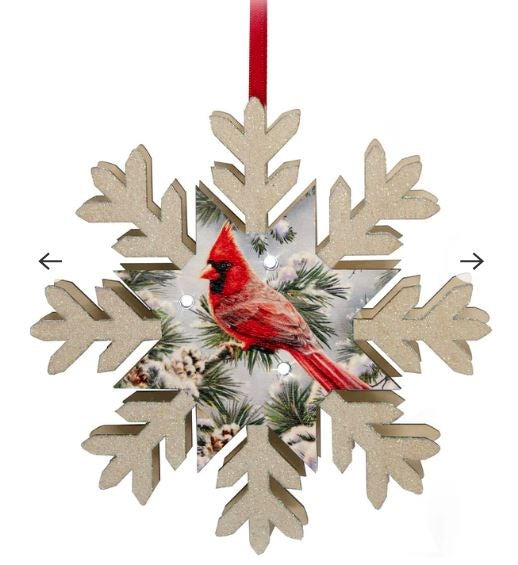 Ornament-Snowy Pine Cardinal 8" LED Wood Snowflake (#A2574)