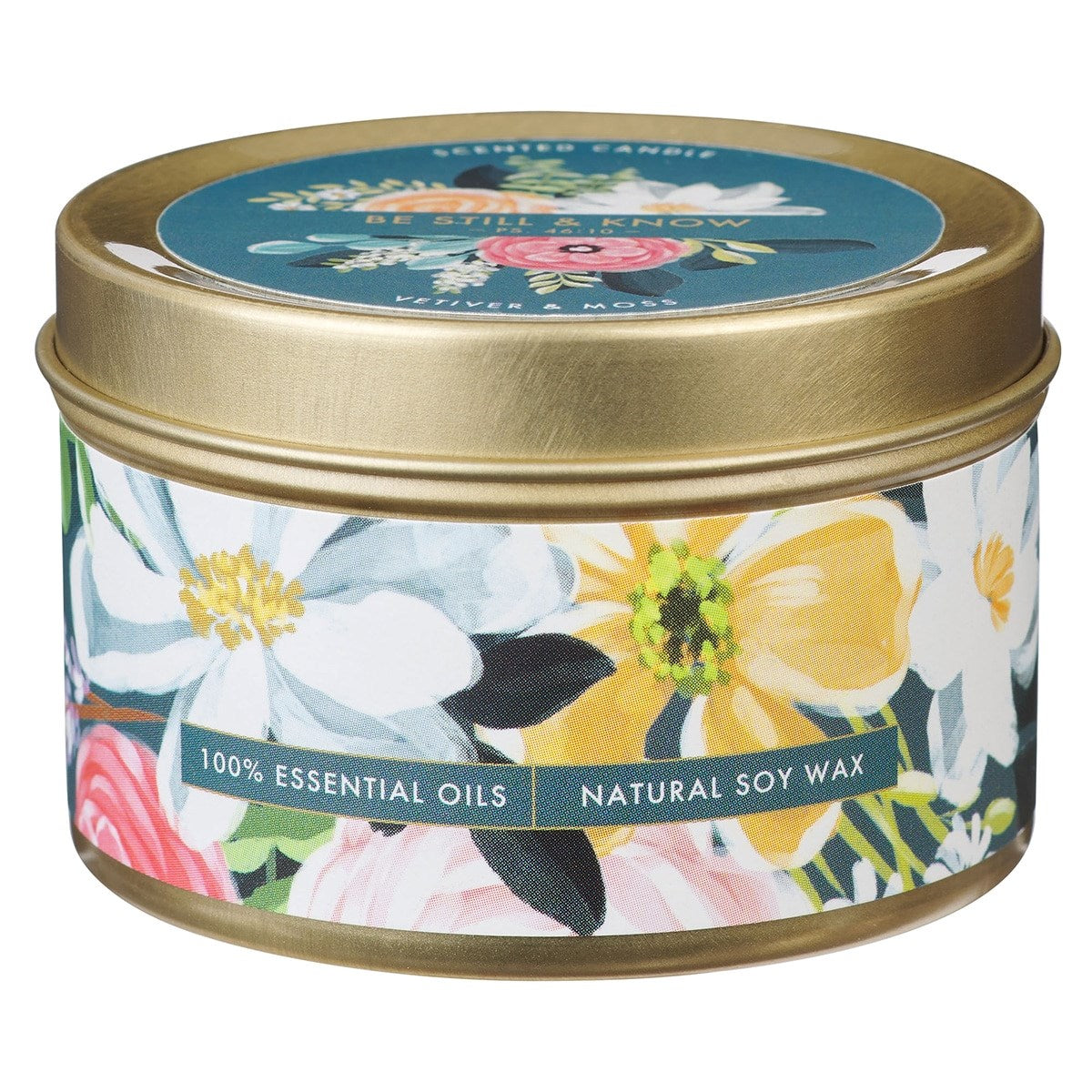 Tin Candle-Be Still Ps. 46:10-Floral Teal