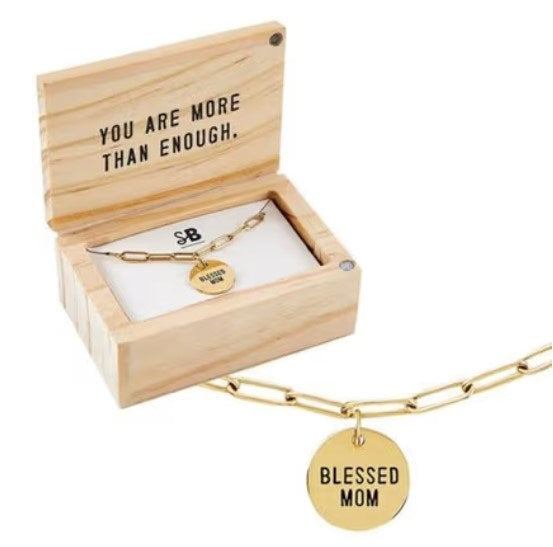 Necklace-Link Chain in Wooden Box-Blessed Mom (17" w/2"Extender)