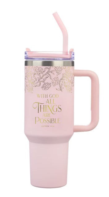 Travel Mug-With God All Things W/ Straw (40 oz) (Stainless Steel)