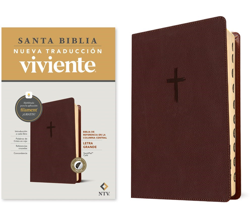 NTV Biblia de Referencia en la Columna Central Letra Grande con Filament-Brown Leatherlike Indexed