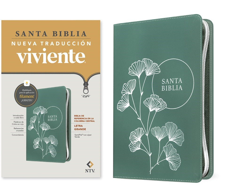 NTV Biblia de Referencia en la Columna Central Letra Grande de ziper con Filament-Green Leatherlike
