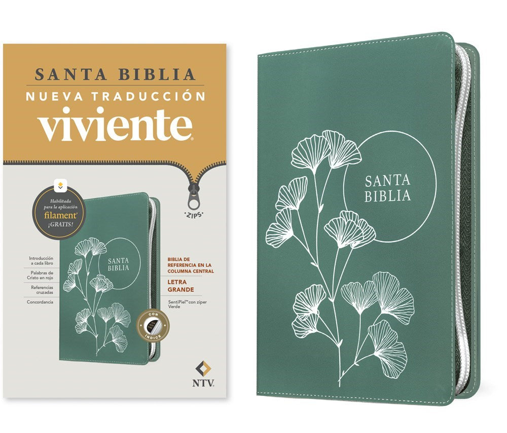 NTV Biblia de Referencia en la Columna Central Letra Grande de ziper con Filament-Green Leatherlike Indexed