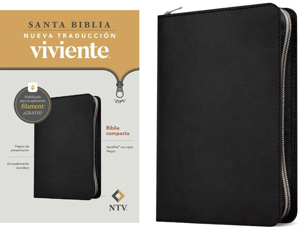 NTV Biblia compacta de ziper con Filament (NLT Compact Bible w/Zipper)-Black LeatherLike