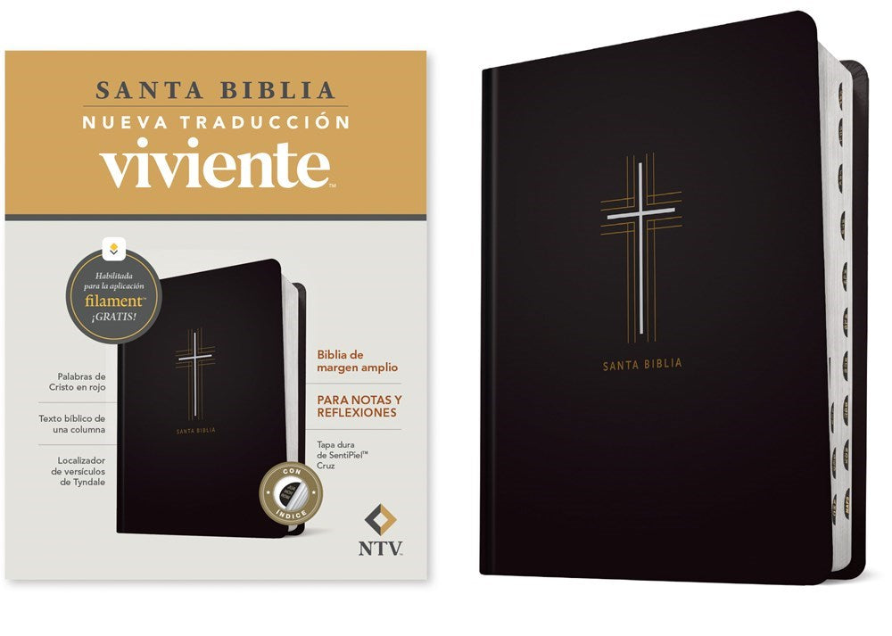 NTV Biblia de margen amplio NTV con Filament Indice (NLT Wide Margin Bible Filament)-Black w/Cross Hardcover LL Index