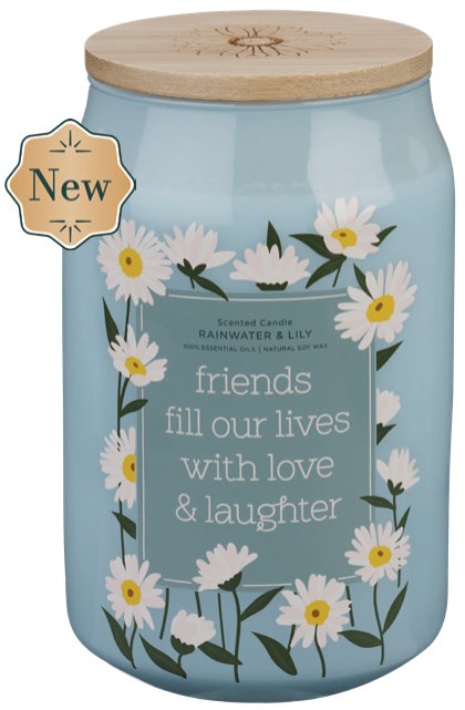 Glass Candle w/ Bamboo Lid Friends Fill Our Lives With Love & Laughter
