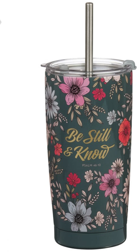 Tumbler SS Teal Floral Be Still & Know Ps. 46:10