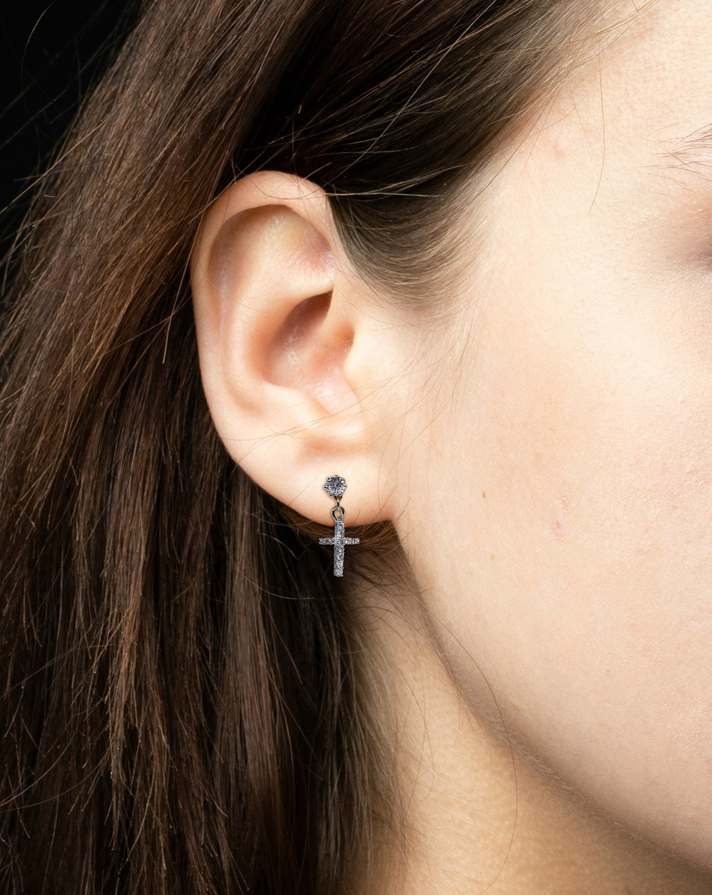 Earrings-Eden Merry-Cross-Dangle Cross-Silver Crystal