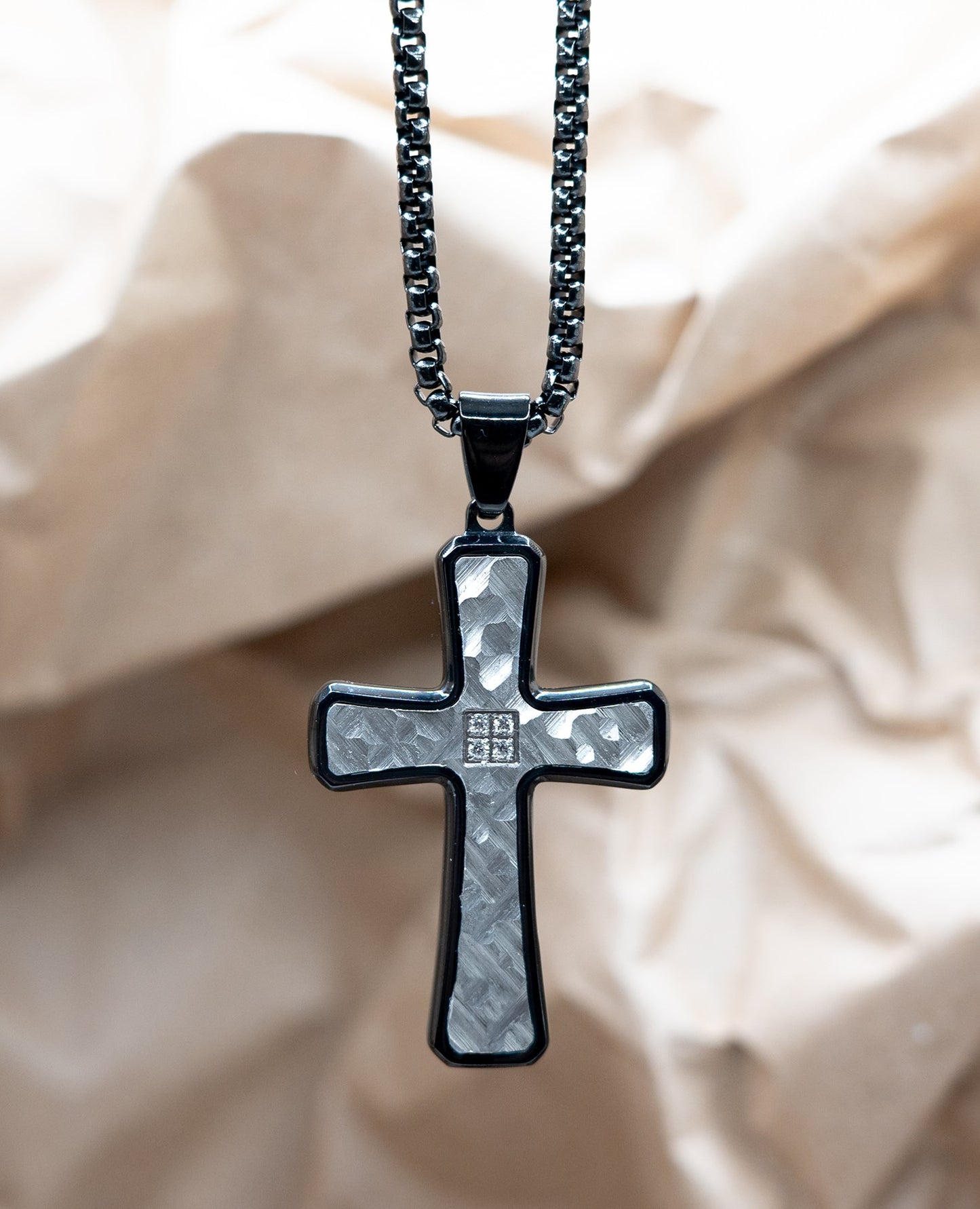 Necklace-Eden Merry-Cross-Textured-Silver