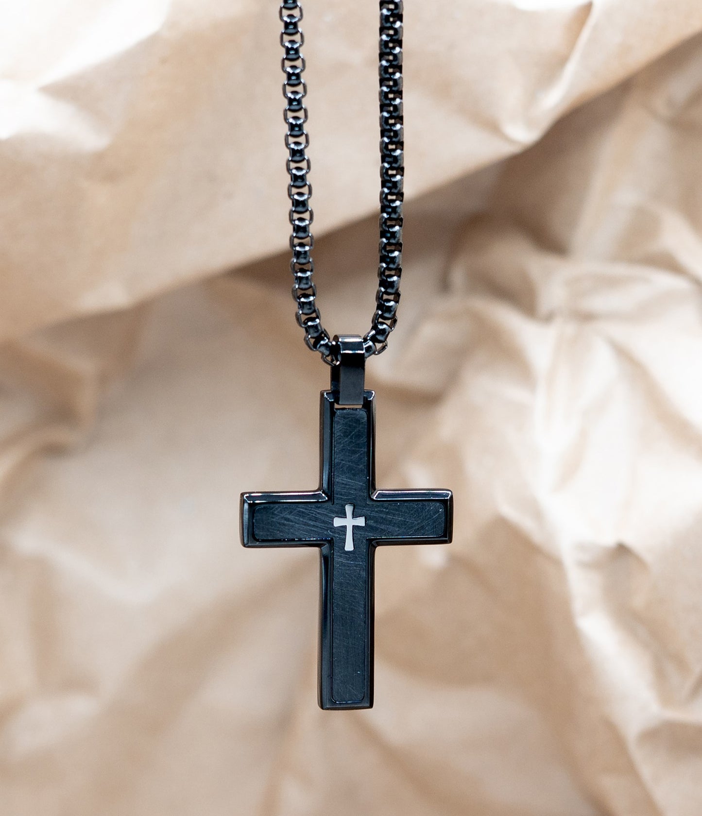 Necklace-Eden Merry-Cross-Brushed-Black/Silver