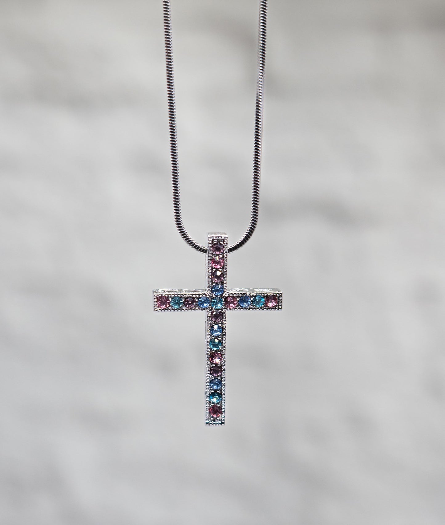Necklace-Eden Merry-Cross-Pastel Crystal/Silver