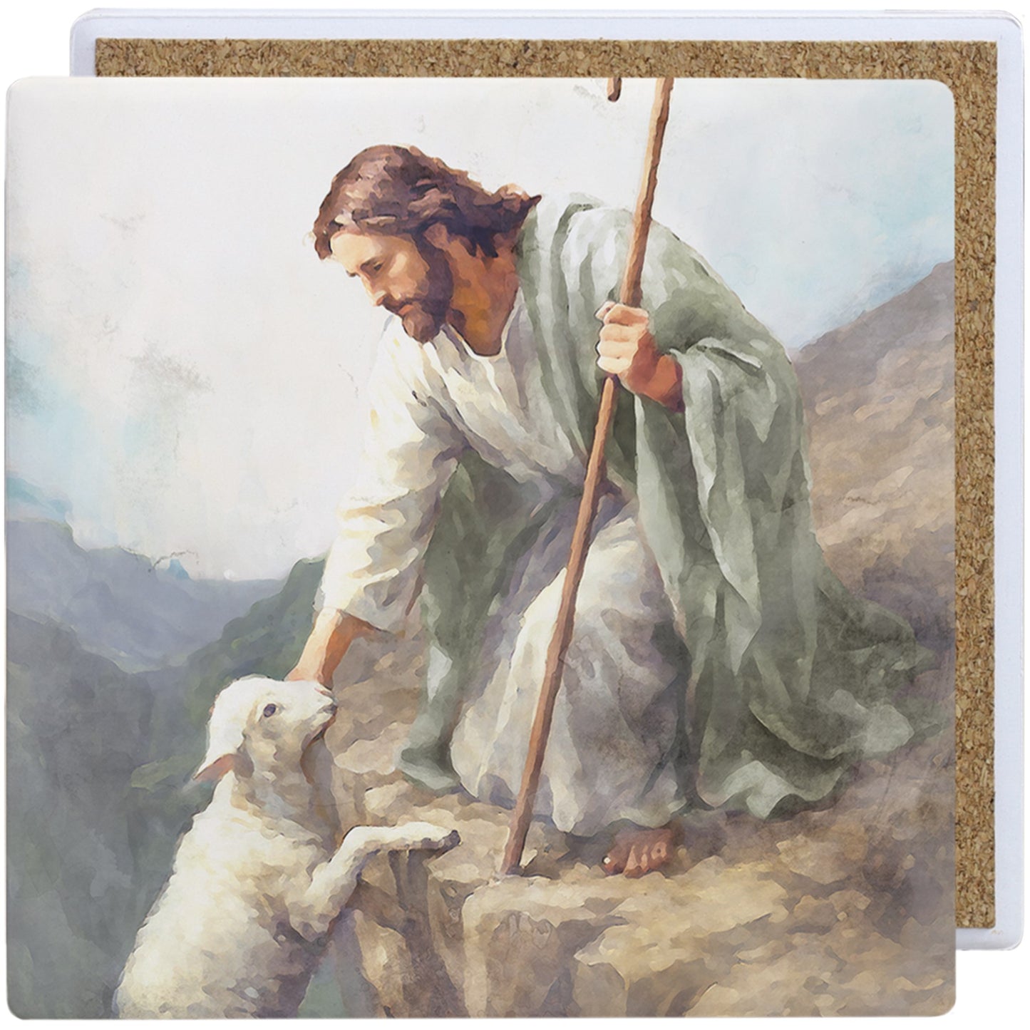 Coaster Square-Ceramic-Jesus Lamb On Cliff (3.75"" x 3.75"")