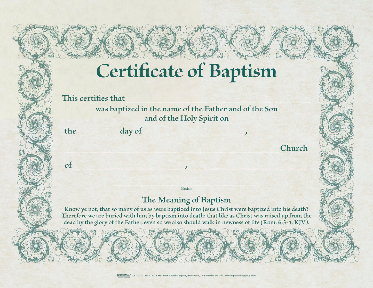 Certificate-Baptism w/Romans 6:3-4 (Parchment) (8-1/2" x 11") (Pack Of 6)