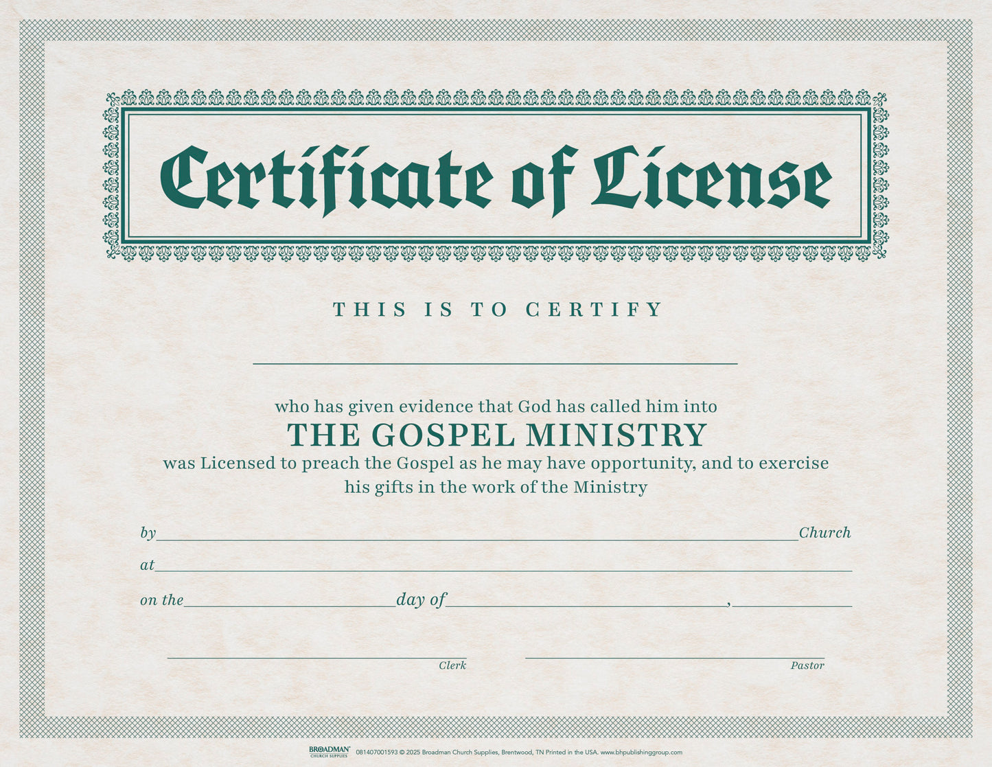 Certificate-License-Minister (Parchment) (8-1/2" x 11") (Pack Of 6)