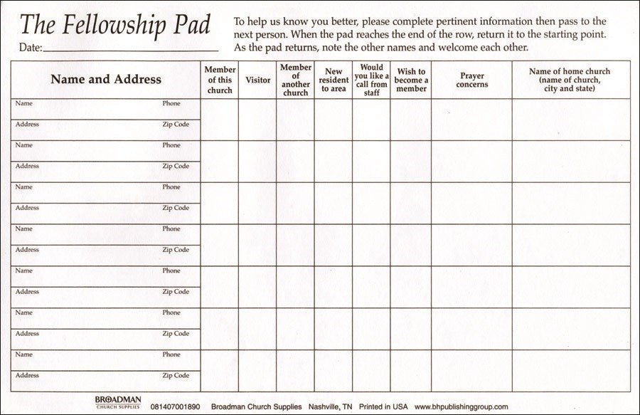 Attendance Pad-Fellowship Pads (50 Sheets) (Pack Of 5)