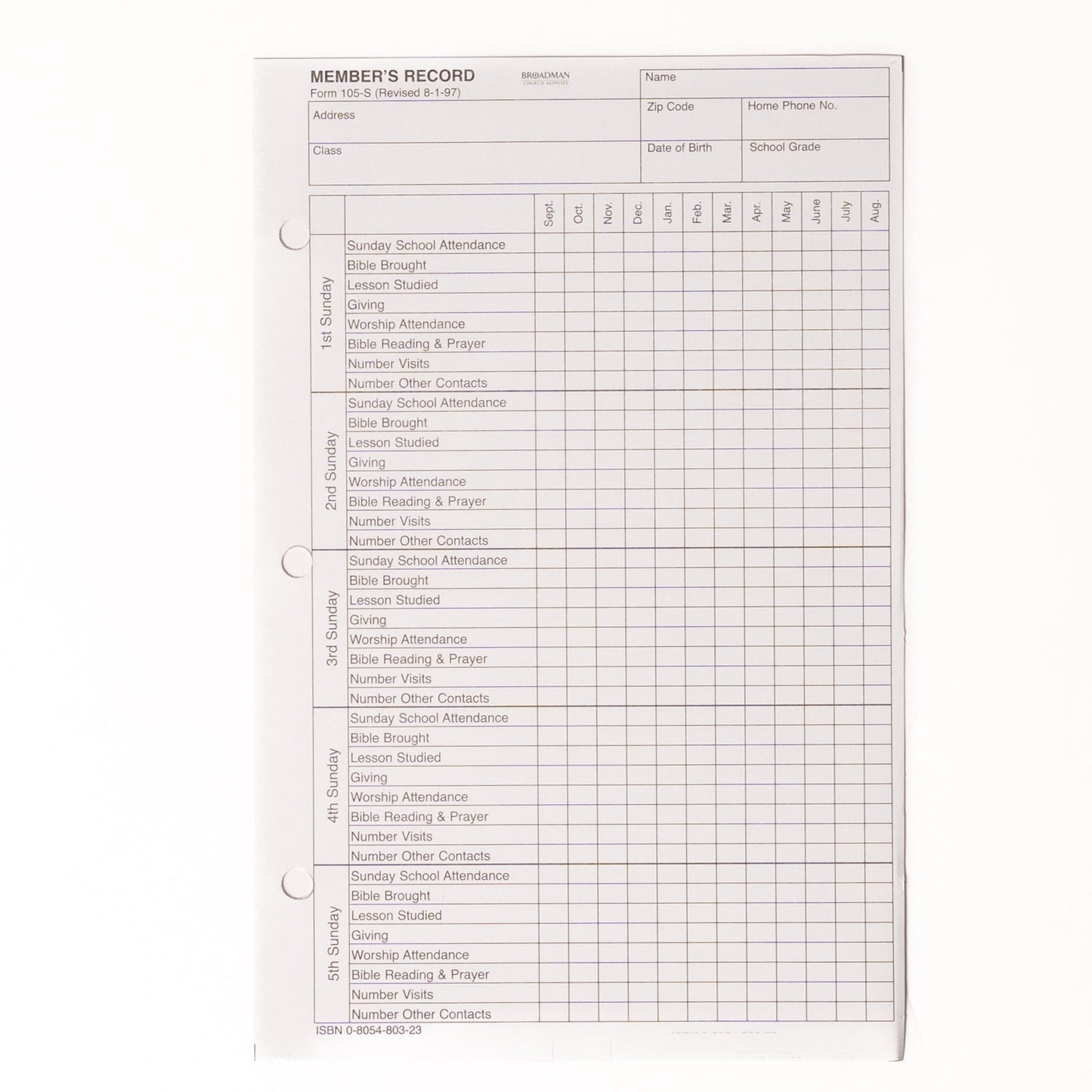 Form-Sunday School Member Report (3-Hole Punched) (Form 105-S) (Pack Of 100)