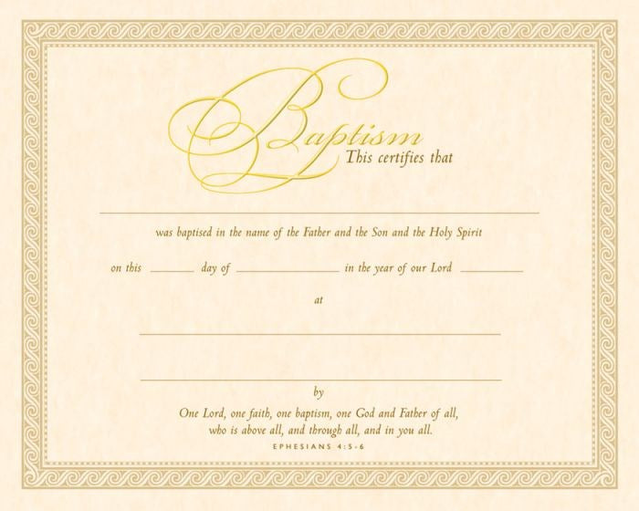 Certificate-Baptism (Ephesians 4: 5-6) (Gold Foil Embossed Parchment) (Pack of 6)